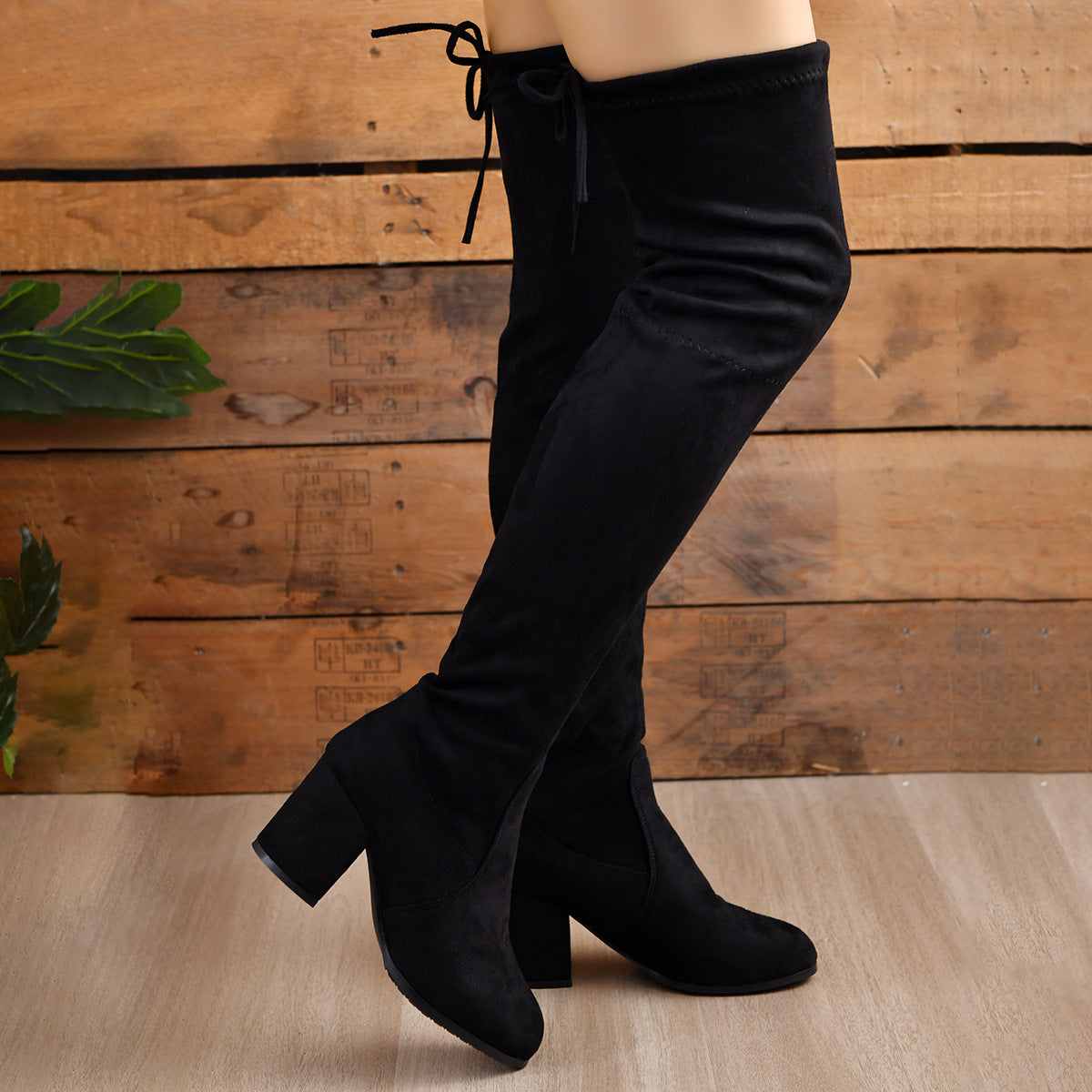 European and American large size women's boots 2023 autumn and winter New thick heel round head high heel slim knee high boots women's spot