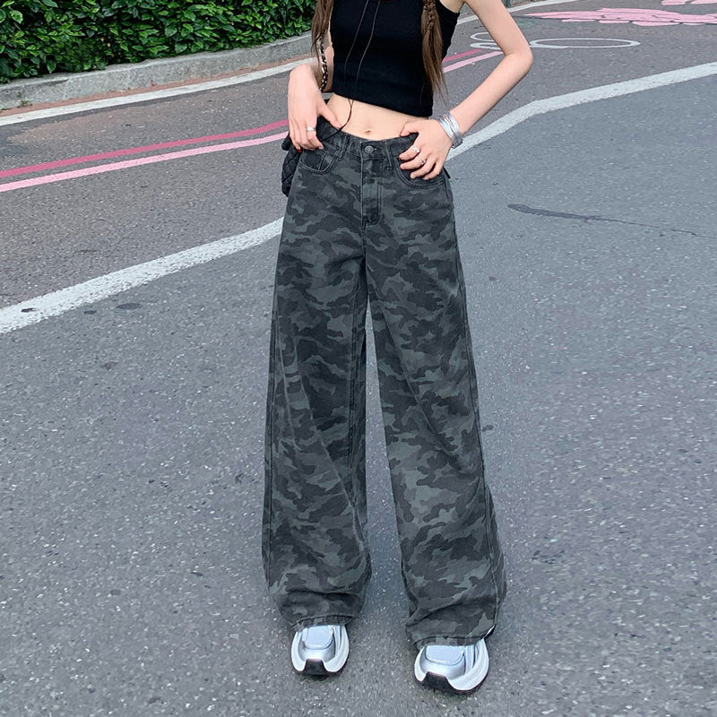 2025 Straight-Leg Hot Girl High-Waisted American Camouflage Work Jeans for Women in Autum Loose Slimming Floor-Length Wide-Leg Pants