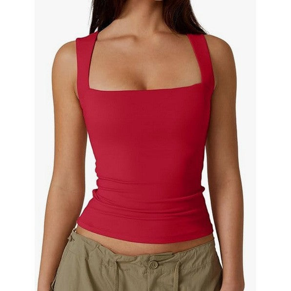 Cross-border European and American hot girls wear camisole women's summer sleeveless off-shoulder square collar threaded shoulder strap top women's clothing