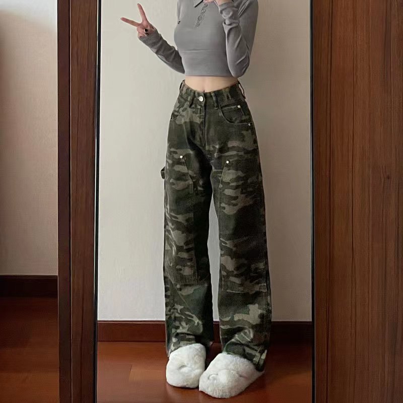 Hip Hop High Street Hiphop Tooling American Autumn and Winter Camouflage Jeans Women's Design Wide Leg Loose Straight Long Pants