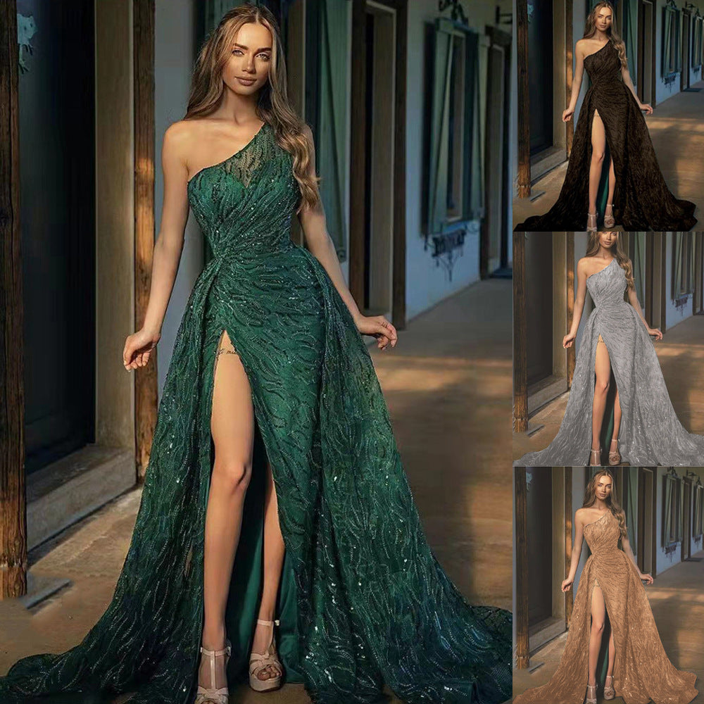 2025 Cross-Border Spring and Summer New European and American Clothing Slanted Shoulder Slit Long Skirt Toast Dress Sequined Suspender Evening Dress