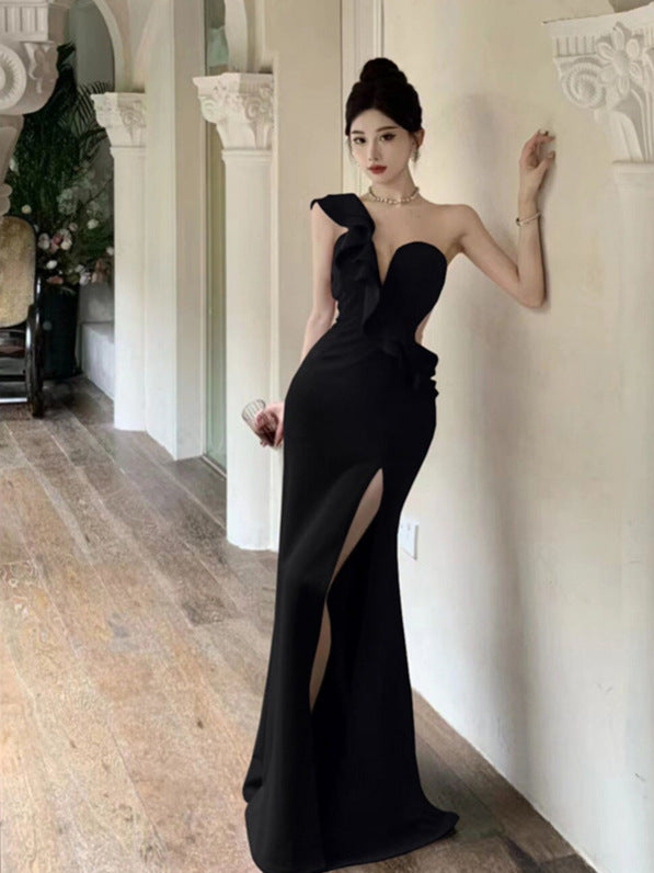 High-end Sexy Ruffle Evening Dress 2025 Elegant One-shoulder Banquet Host Car Model Split Dress
