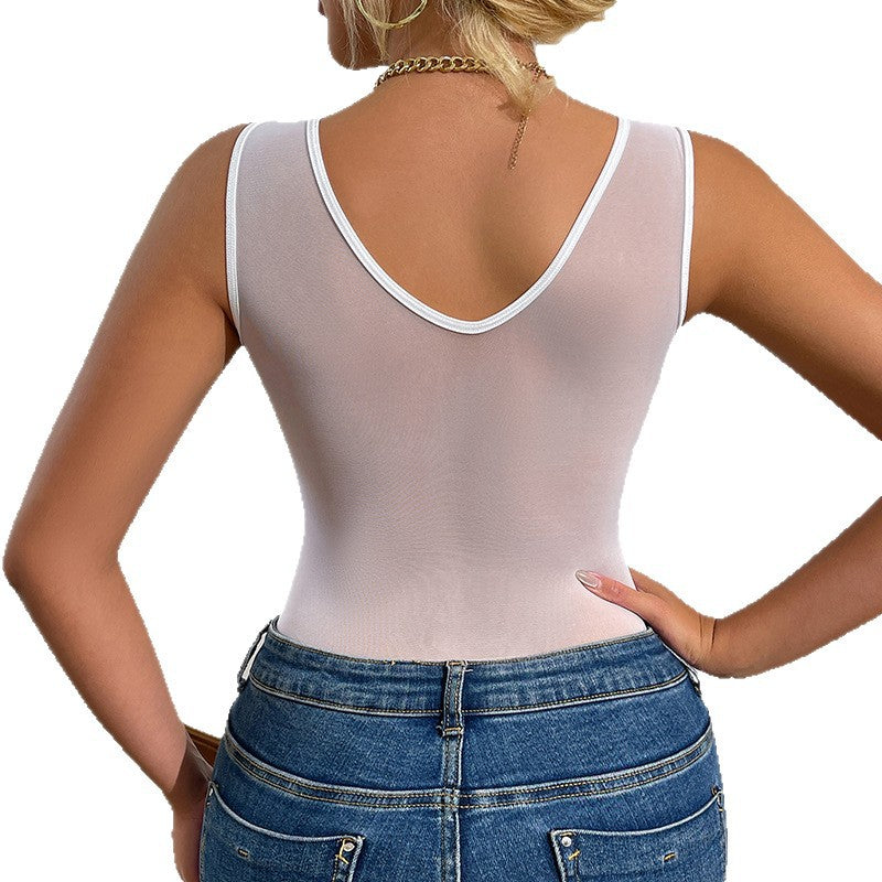Cross-Border V-Shaped Cut Out Design Lace Sexy Jumpsuit European and American Body-Shaping Beautiful Back See-Through One-Piece Versatile Top