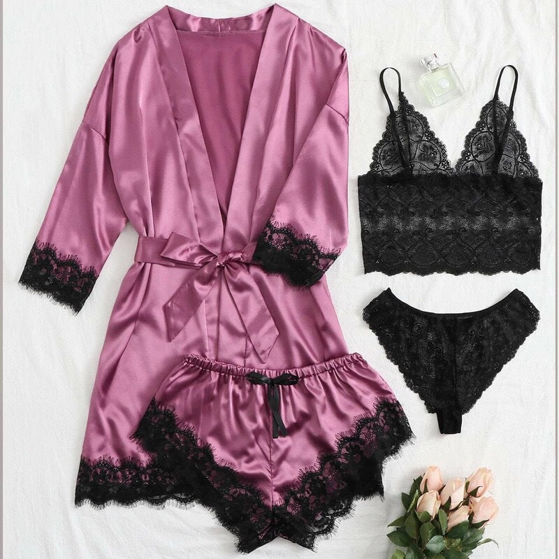 New Cross-Border Sexy Women's Sexy Pajamas Multi-Piece Suit Lace Satin Suspender Nightgown Manufacturer Foreign Trade Direct Sales