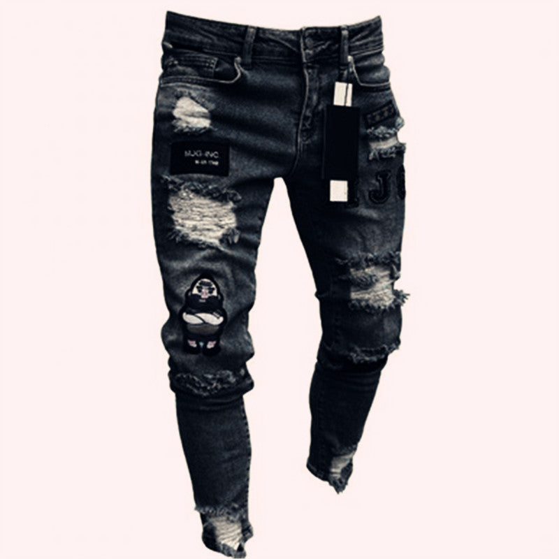 Knee Men's Jeans Embroidered Leggings Denim Trousers Men's Cross-border Trendy European and American Badge Zipper Holes
