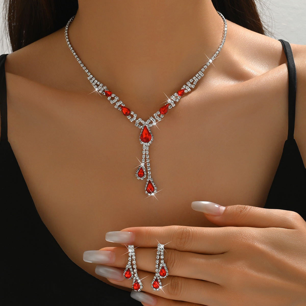 Cross-Border Jewelry Set Red Necklace Earrings Two-Piece Wedding Dress Accessories European and American Elegant Suit for Women