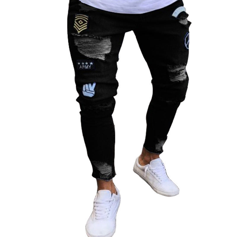 Knee Men's Jeans Embroidered Leggings Denim Trousers Men's Cross-border Trendy European and American Badge Zipper Holes