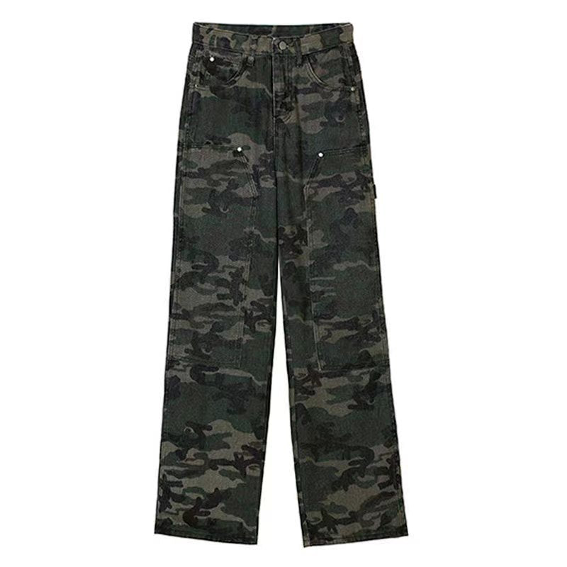 Hip Hop High Street Hiphop Tooling American Autumn and Winter Camouflage Jeans Women's Design Wide Leg Loose Straight Long Pants