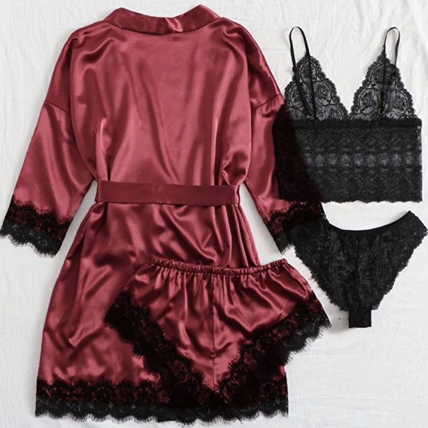 New Cross-Border Sexy Women's Sexy Pajamas Multi-Piece Suit Lace Satin Suspender Nightgown Manufacturer Foreign Trade Direct Sales