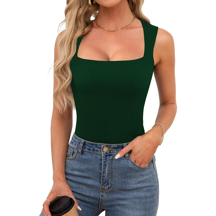 Cross-border European and American hot girls wear camisole women's summer sleeveless off-shoulder square collar threaded shoulder strap top women's clothing