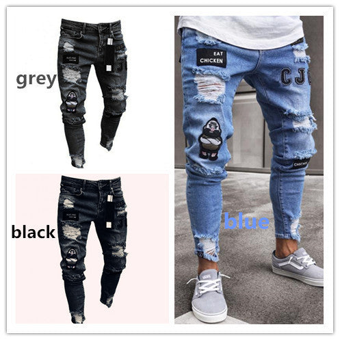 Knee Men's Jeans Embroidered Leggings Denim Trousers Men's Cross-border Trendy European and American Badge Zipper Holes