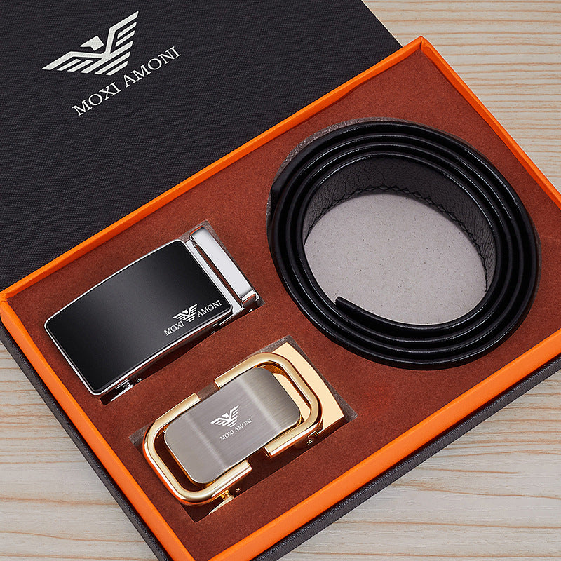 Men's Leather Belt with Alloy Automatic Buckle, Versatile Genuine Leather Belt for Young and Middle-Aged Men, Business Fashion Double Buckle Gift Box Wholesale, British Style