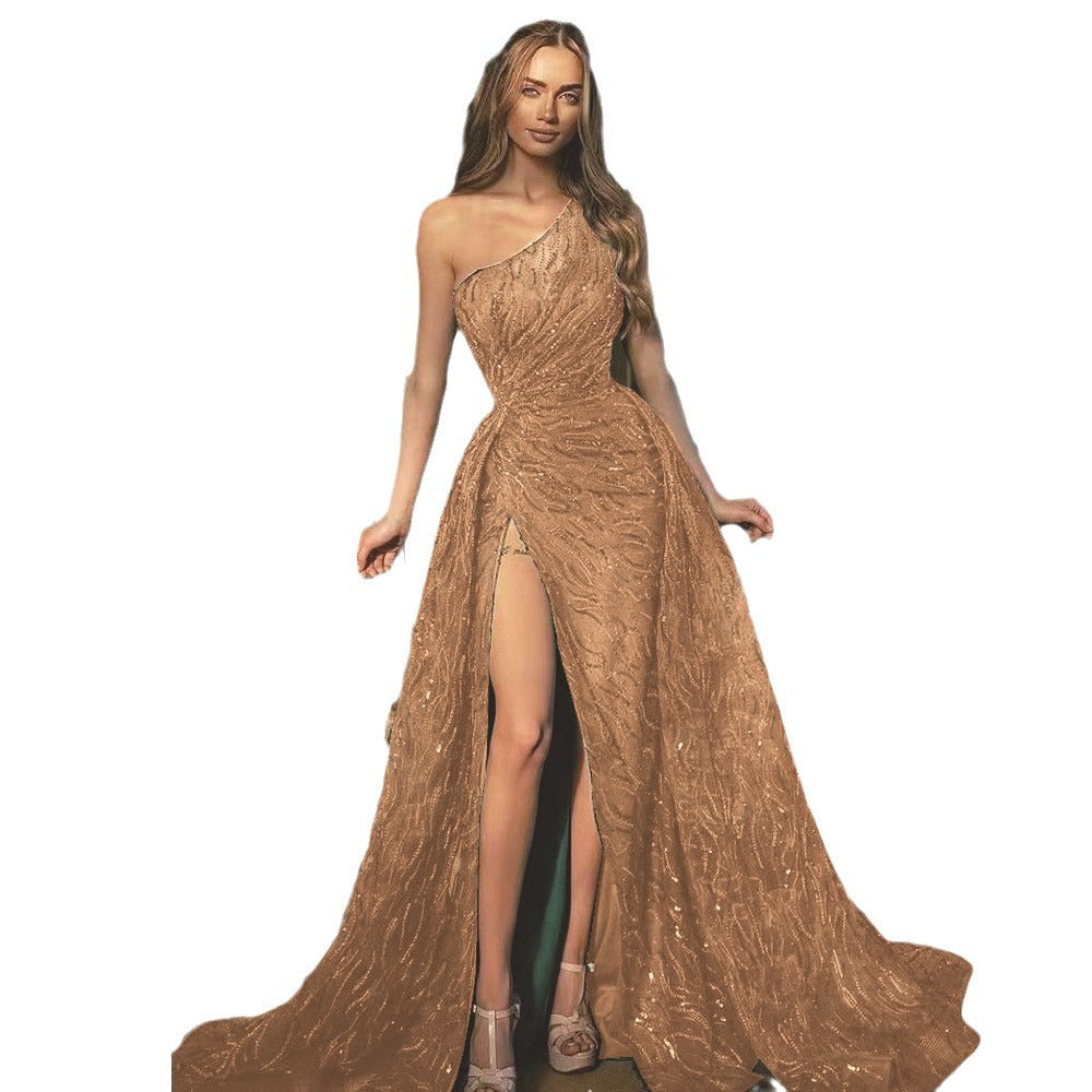 2025 Cross-Border Spring and Summer New European and American Clothing Slanted Shoulder Slit Long Skirt Toast Dress Sequined Suspender Evening Dress