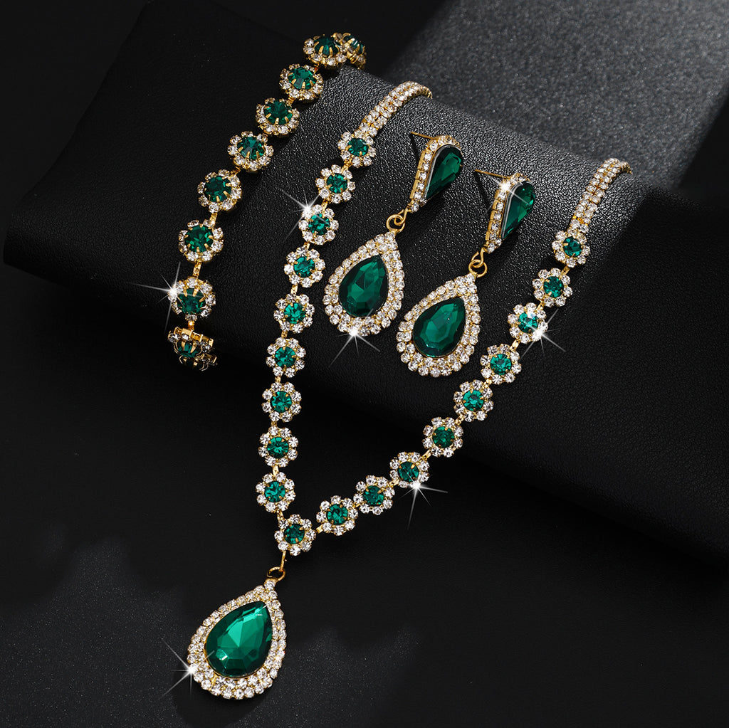 Amazon's Best-Selling Women's Water Drop Green Crystal Necklace, Earrings, Bracelet, Jewelry Set, Three-Piece Set, Drop Shipping