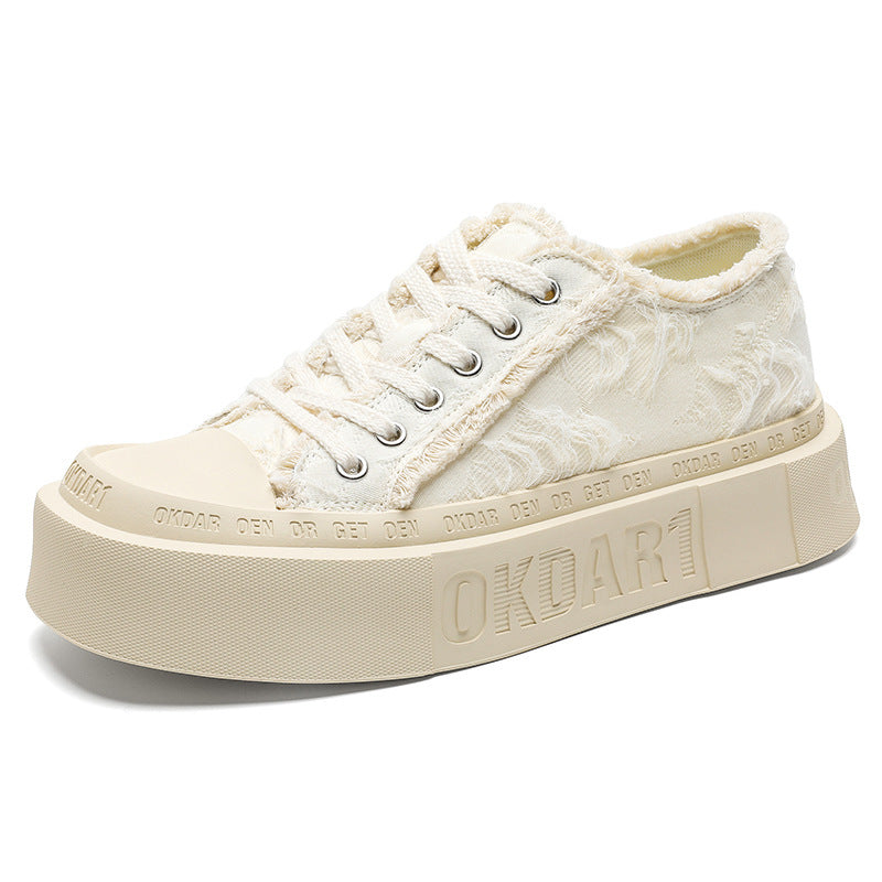 Korean Style Lace-Up Sneakers Trendy Versatile Raw Edge Breathable White Shoes 2025 Summer Casual Thick-Soled Heightening Canvas Shoes