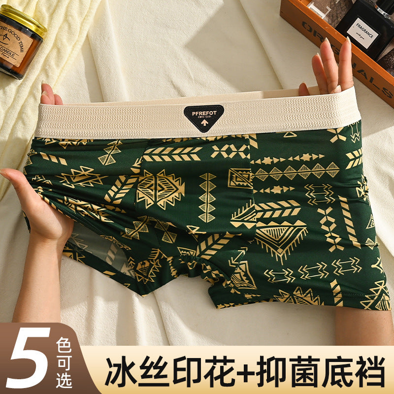 Men's Ice Silk Underwear Summer Vintage Thin Boxers Mid-Waist Ethnic Style Boys Four-Corner Pants Printed Trousers