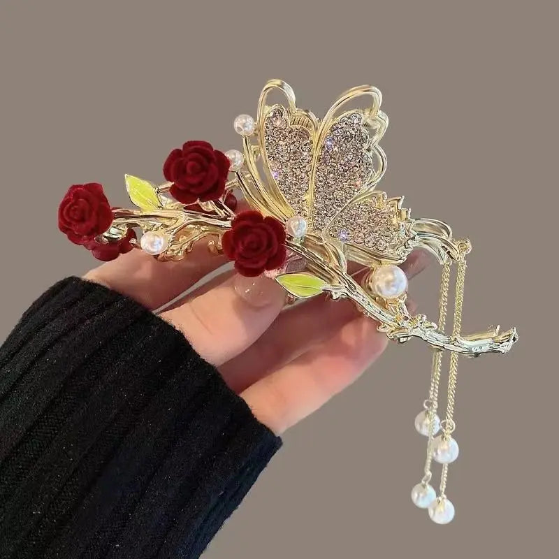 Fashion Rose Tassel Hair Claws Women Shiny Crystal Hair Clip for Girls Exquisite Elegance Headdress Hair Accessoires Korean